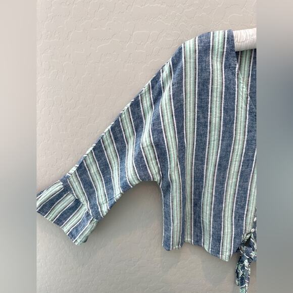 FOR CYNTHIA | Petite Blue Striped Linen Cotton Tie Front Button Blouse | Large - Picture 3 of 7